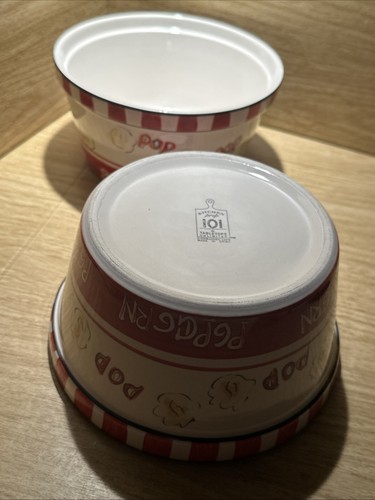 2 Popcorn Ceramic Bowl Tabletops Kitchen Chef Movie Room Home Decor Red White - Picture 4 of 8