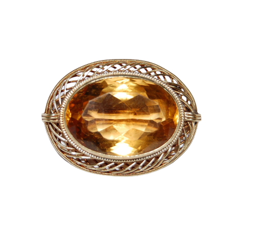 14K Solid Yellow Gold Pin Brooch Large 20mmx13mm Citrine Gemstone 6.95 Grams - Picture 5 of 9
