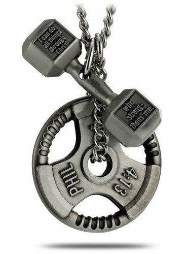 Men's Antique Finish Combo Necklace-Phil 4:13 Dumbbell/Phil 4:13 Grip Plate - Picture 1 of 8