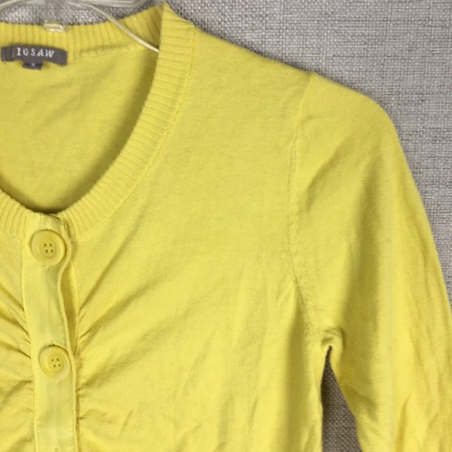 Jigsaw Cardigan Sweater Women's S Small Yellow 3/4 Sleeve Ruched Button - Picture 2 of 7