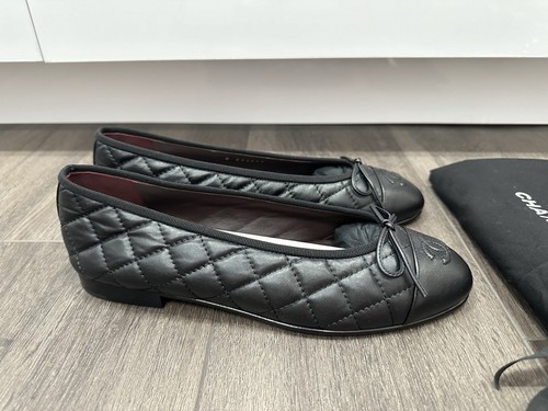 NEW CHANEL CC LOGO BLACK QUILTED LEATHER BALLET BALLERINA FLATS SHOES Size 37 - Picture 4 of 15