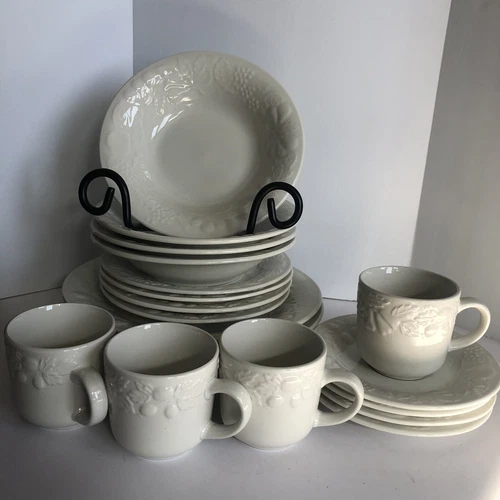 Gibson White Embossed Fruit 20 Piece Place Setting Dinner Salad Bowl Cup Saucer