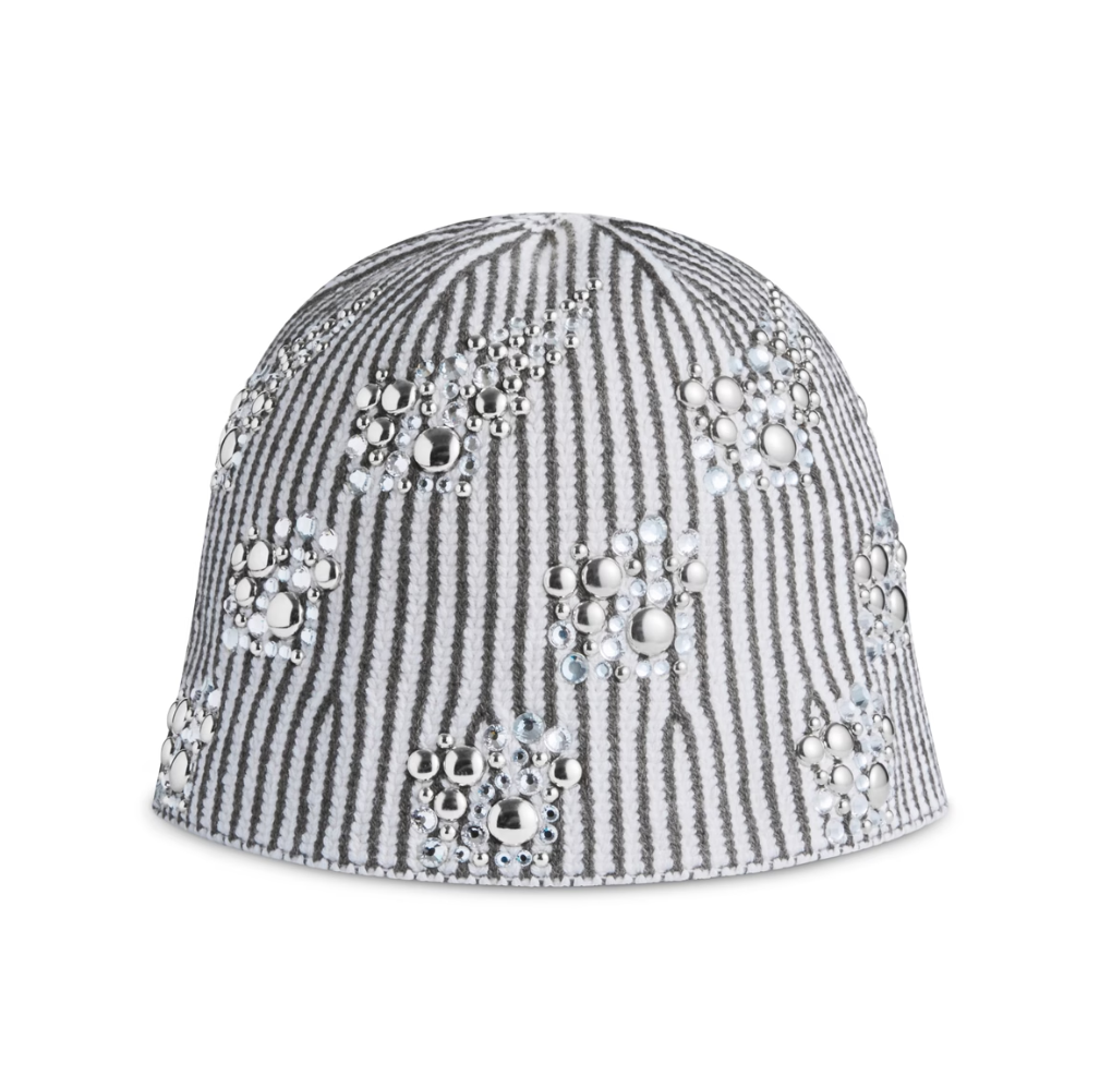 Atiissu Shine Beanie White – Beaded Knit Stripe Bucket Hat
