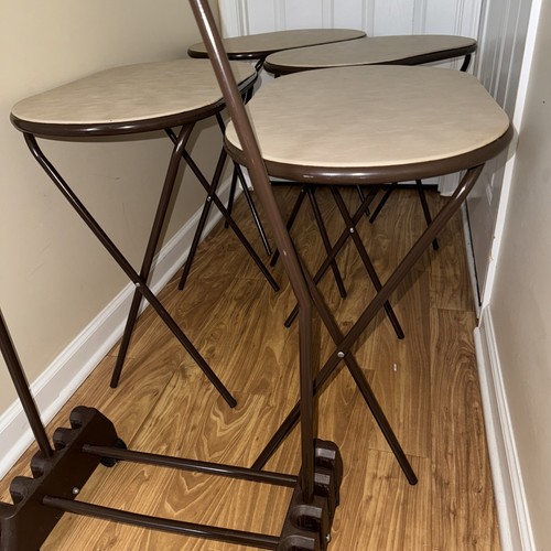 4 Cosco Beige Vinyl TV Trays Mid Century Modern Tall Metal Legs Wheeled Stand - Picture 5 of 10