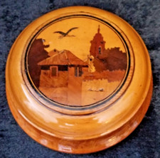Handcarved Wooden Lidded Box Round, Vintage, 'Stork', Alsace, France.