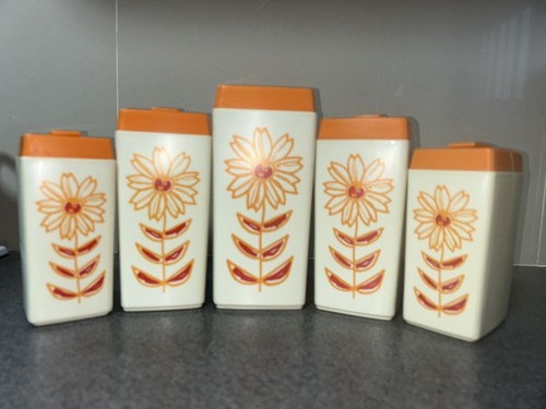 NYLEX KITCHEN CANISTERS SET OF 5 WHITE ORANGE FLOWERS MADE IN AUSTRALIA VINTAGE - Picture 5 of 19