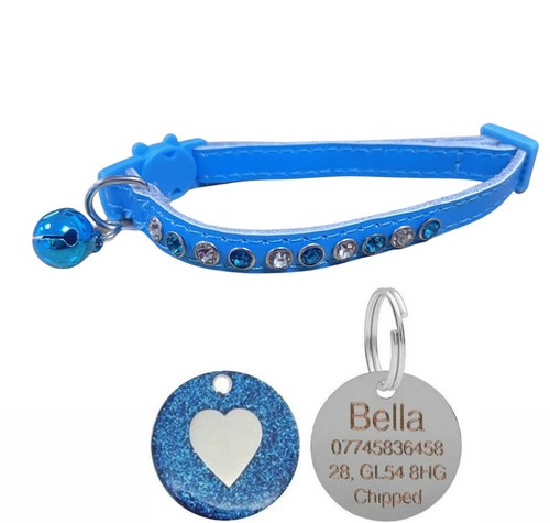 Leather Cat Collar, Diamantes, Safety Buckle, Bell & Engraved Heart Glitter Tag - Picture 2 of 17