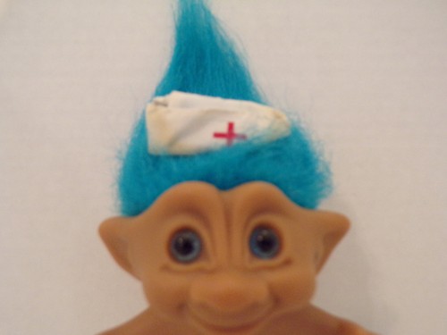 Russ Troll Doll~4"~Vintage~Nurse Hat~Big Ears~Blue Stone~Blue Hair~Blue Eyes - Picture 2 of 5