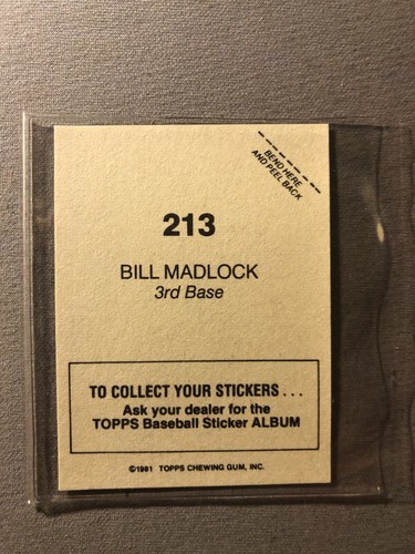 1981 Topps Stickers Bill Madlock Baseball Card #213 - Picture 2 of 2