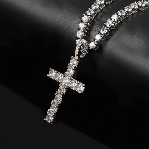 Men Women Hip Hop Cross Pendant Necklace with 4mm Zircon Tennis Chain Iced Out - Picture 5 of 13