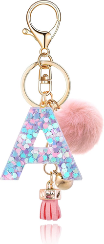 Resin Alphabet Initial Letter Keychain for Women with Fur Ball Pom - Picture 8 of 12