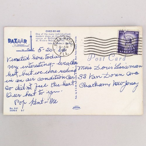 Postal Bazaar International Chez-Bo-Me Riviera Beach Florida años 50 1962 tiendas - Imagen 2 de 2