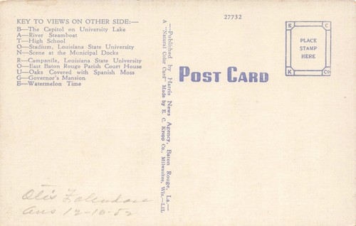 Postcard Large Letter Greetings from Baton Rouge Louisiana LA 1952 - Picture 2 of 2