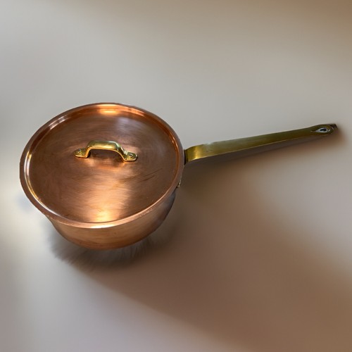 Padella per salsa vintage 8" in rame con coperchio manico in ottone rivestito in latta rustico casale Cookwa - Foto 2 di 5