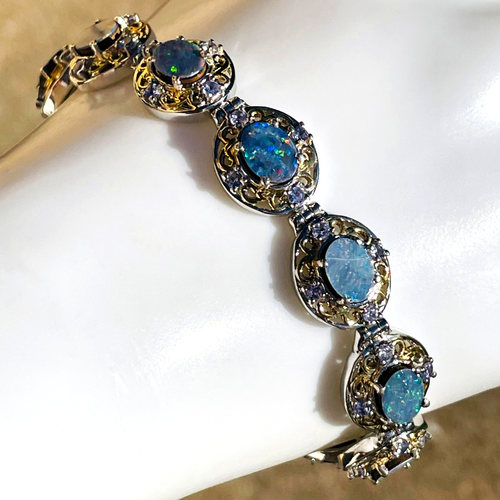 Tennisarmband blauer Opal und Tansanit Sterlingsilber und 14 Karat Gold - Bild 6 von 14