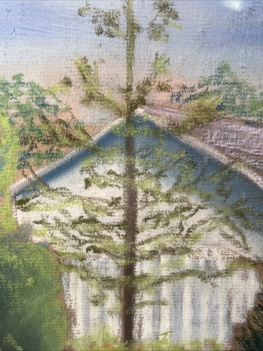 "Obra de arte original de paisaje de patio trasero pastel enmarcado vintage única en su clase 16"" x 20"" firmada" - Imagen 4 de 11