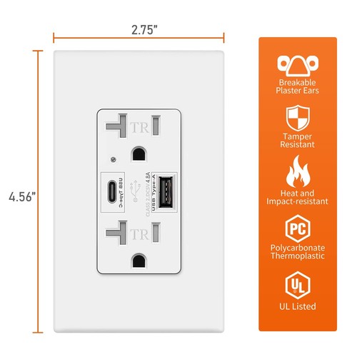 USB C + A Outlet 4.8A 24W Wall Receptacle Smart Fast Charging 20 Amp Commerci... - Picture 3 of 7