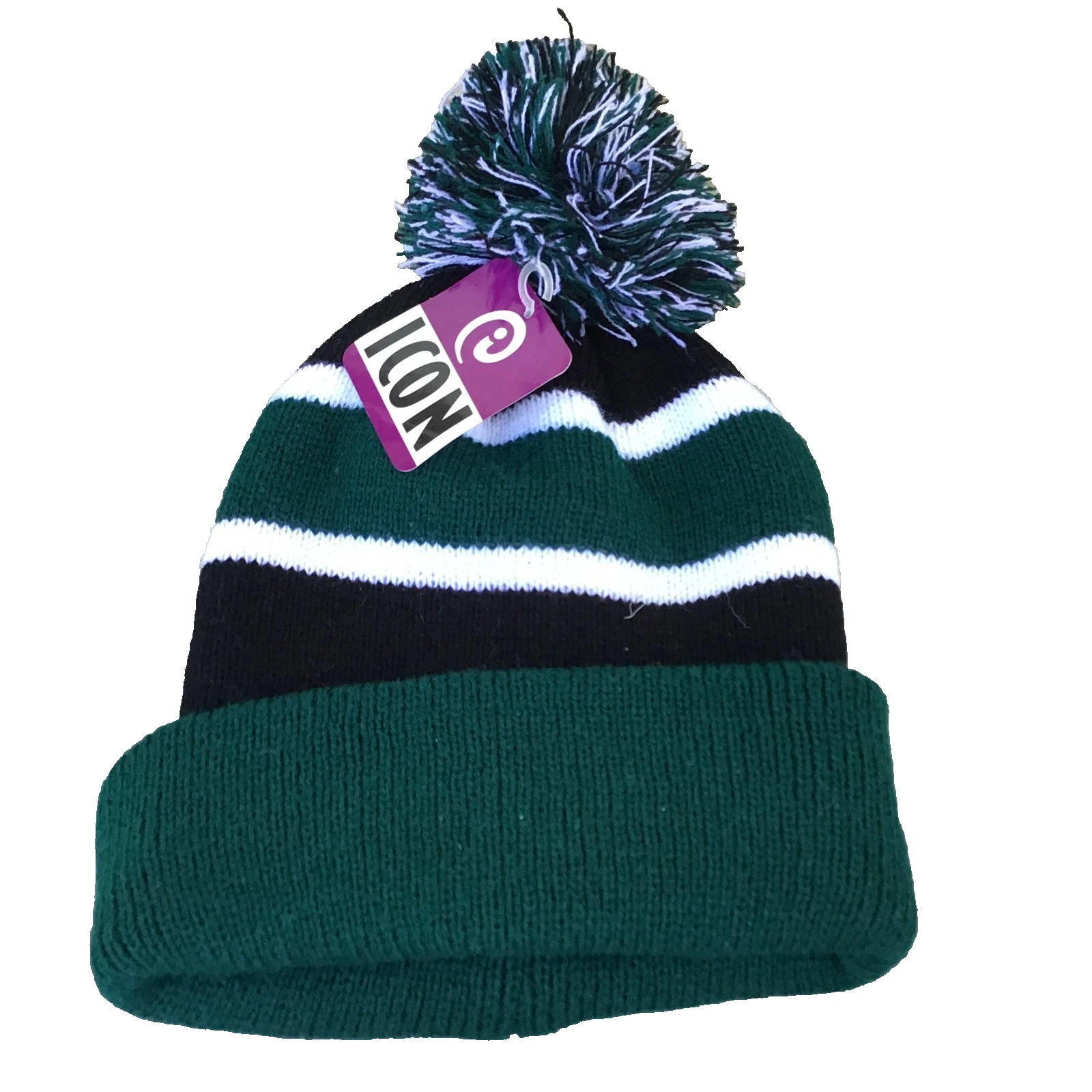 NWT ICON Beanie Hat Knitted Knit Green Black White Pom
