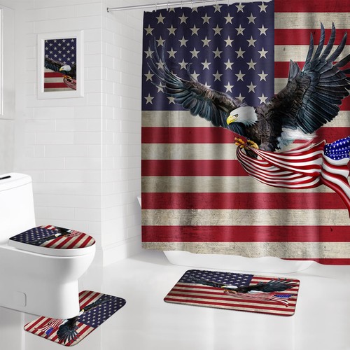 Flag Shower Curtain Set 4 Piece, Independence Day Patriotic Theme Shower Curt...