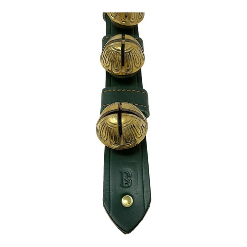 Double Pine Charm Green Leather Strap Sleigh Bell Door Hanger Made USA 15 Inch - Picture 2 of 7