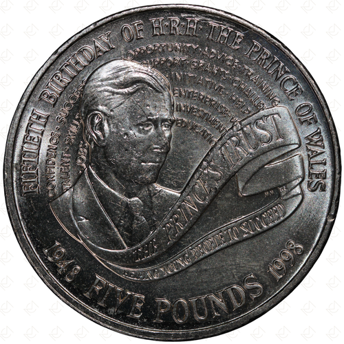 1998 Great Britain Elizabeth II 5 Pounds Coin (Prince of Wales 50th Birthday)