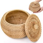 Round Rattan Basket Box with Lid, Small Handmade Woven Storage Basket, Multi-...