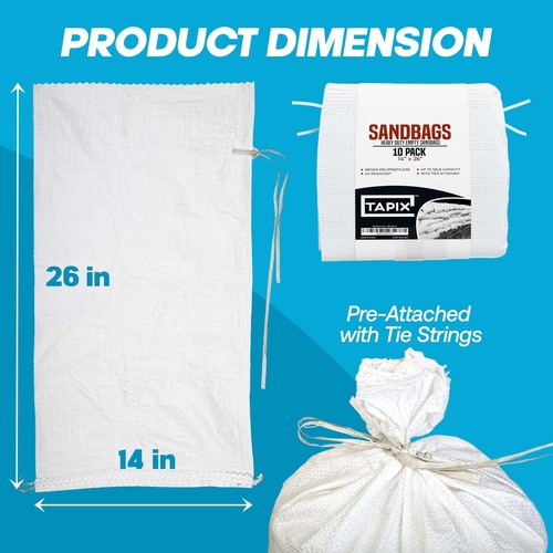 Sand Bags with Ties 14" x 26" (Pack of 10) - Sand Bags for Flooding, Woven Po... - Picture 2 of 6