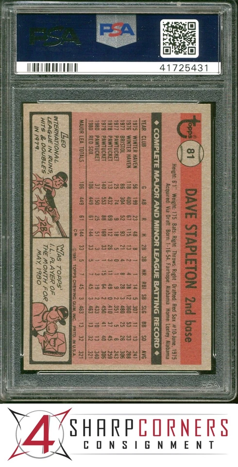 1981 TOPPS #81 DAVE STAPLETON RC RED SOX PSA 8 - Image 2 of 4