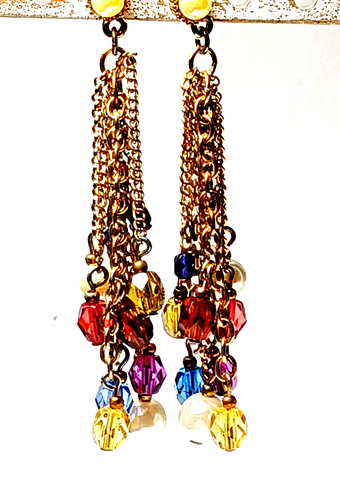 Earrings Dangle Drop Multi Color Faux Pearl Beads Gold Tone Multi Chain Post 3" - Picture 7 of 14