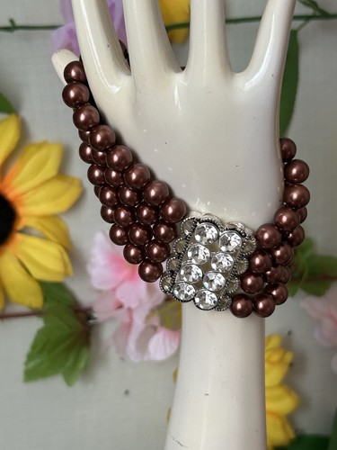 Elasticated 4 Row Brown Faux Pearl Bracelet With Diamanté Detail