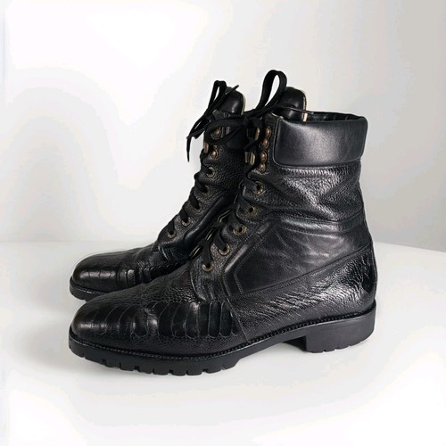 Belvedere Combat Croc Leather Embossed Boots Mens 9.5 Tall Military Exotic Lace - Picture 1 of 17