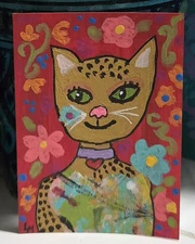 ACEO Original Art Painting Cat on Holidays Exotic Flowers Garden OOAK ATC Mini 