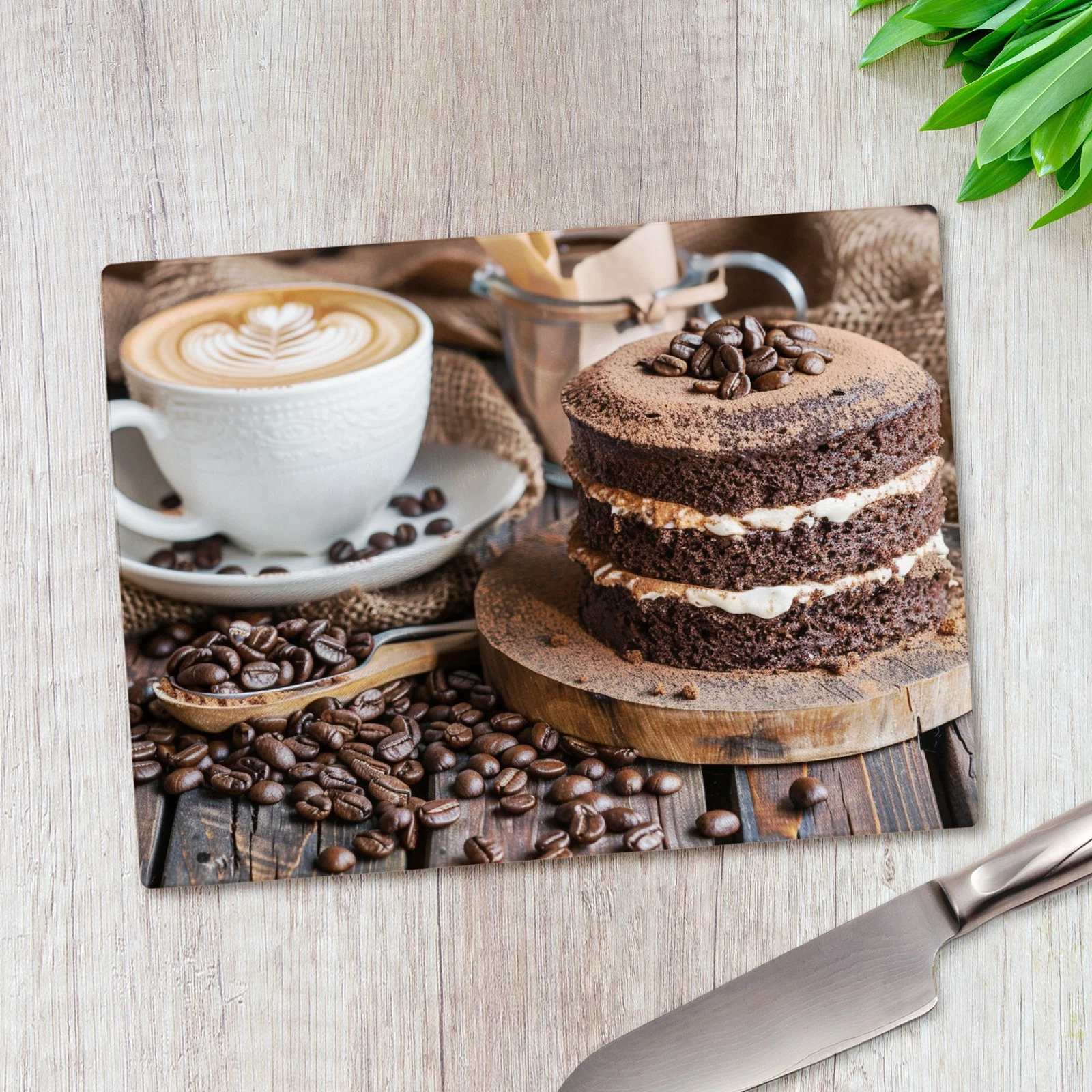 Coffee and Cake Break Glass Chopping Board Large Kitchen Worktop Saver