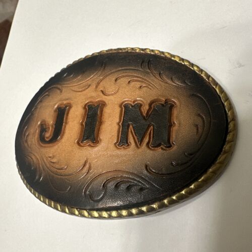 Jim Bronze Belt Buckle Vintage Tooled Leather Insert - Picture 1 of 8