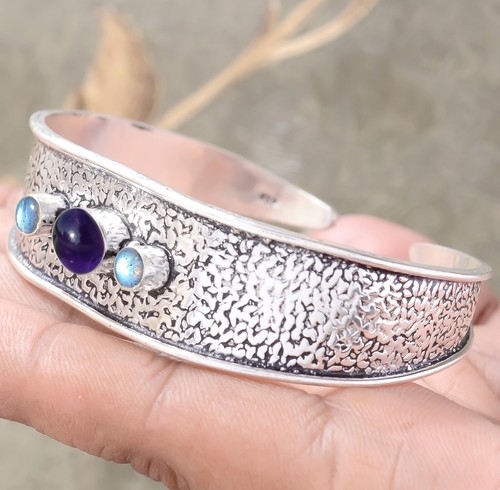 Purple Amethyst, Labradorite Jewelry Bracelet 925 Sterling Silver Man's Cuff - Picture 2 of 8