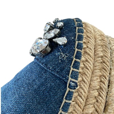 MIU MIU★Distressed Denim Crystal Platform Espadrille Sandal Miu Miu Crisscross Denim Platform Espadrilles Sandals 37.5