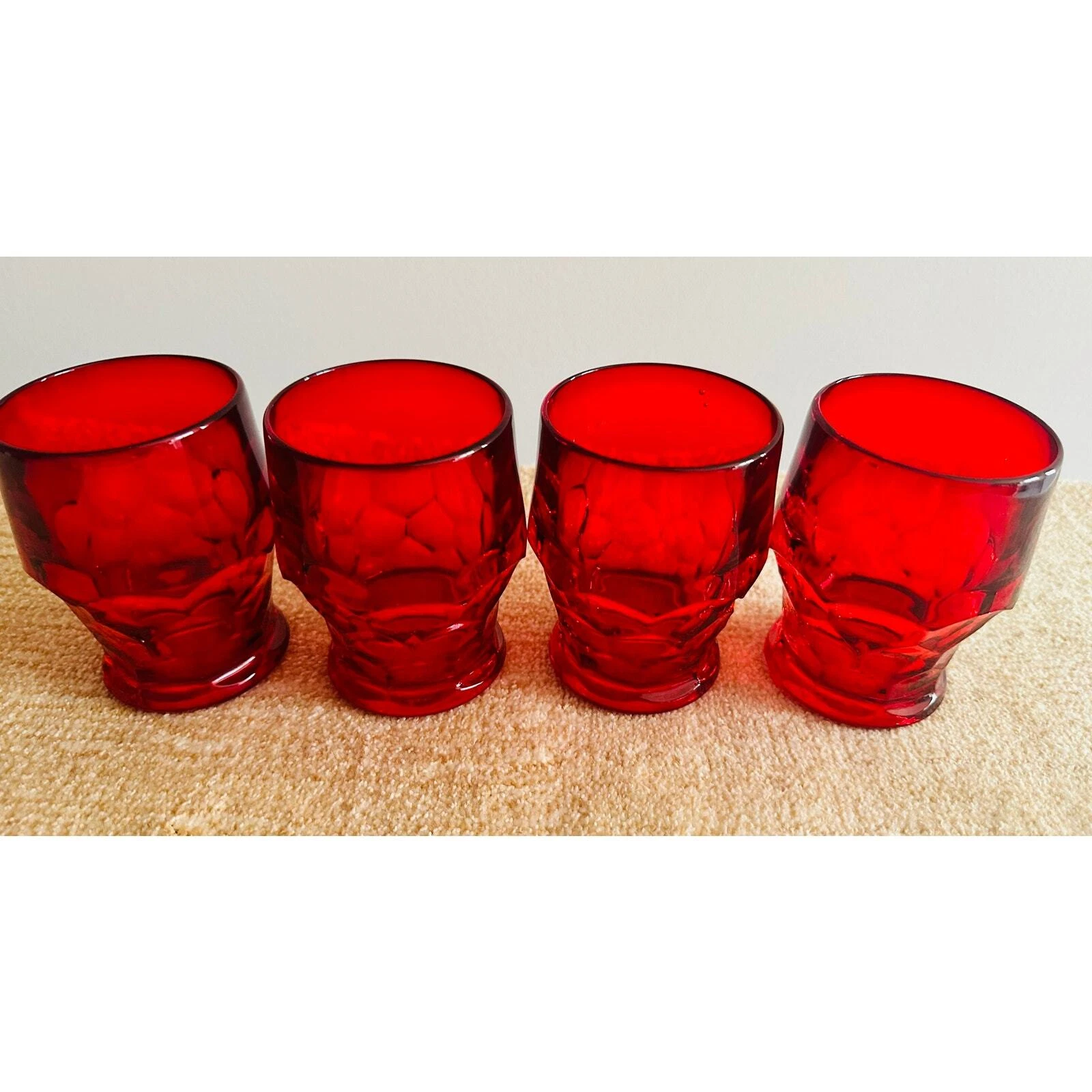 Set of 4 vtg Anchor Hocking georgian red mid century flat tumbler glasses
