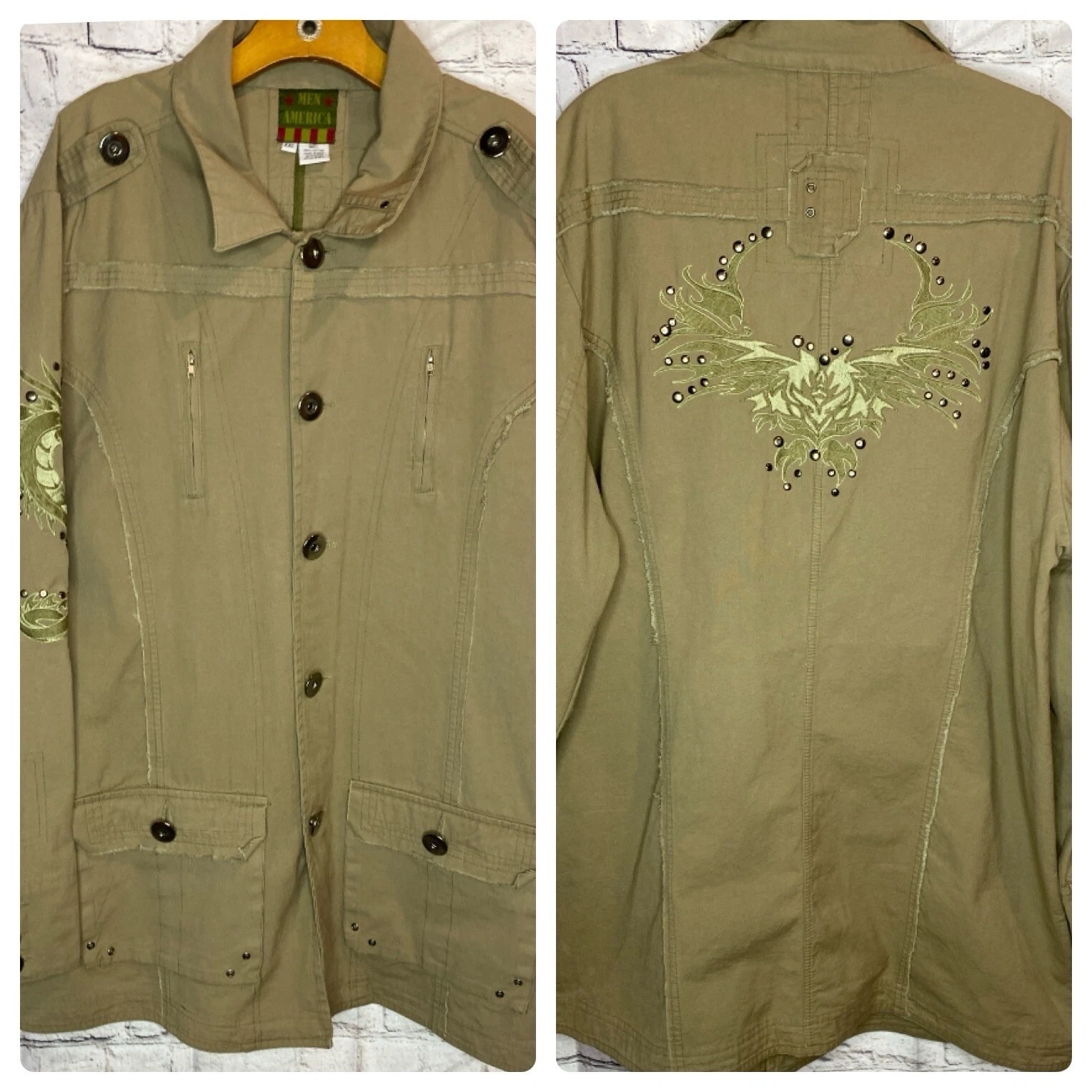 Bling Shacket Men America XXL Khaki Long Sleeve Button Down Embroidered