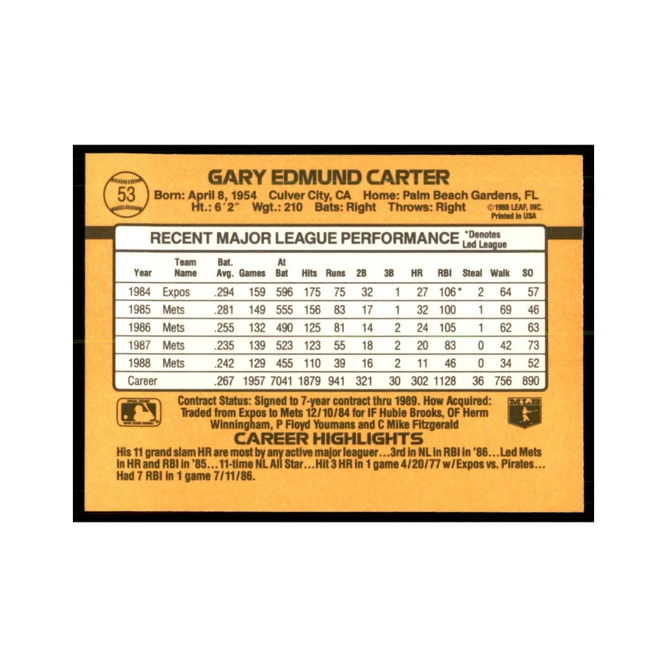 1989 Donruss Gary Carter Baseball Cards #53 - Image 2 of 3