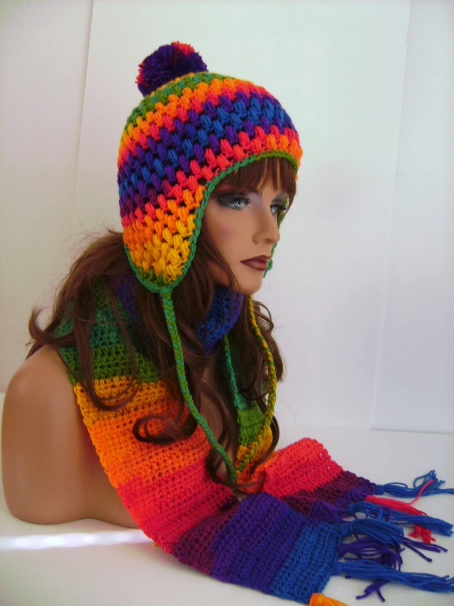 BRIGHT MULT COLOR CROCHET EARFLAP HAT AND SCARF SET PERUVIAN STYLE