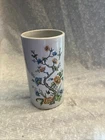 vintage McCoy 677 USA pottery 6 inch. Cylinder vase. Pink and blue flowers on a