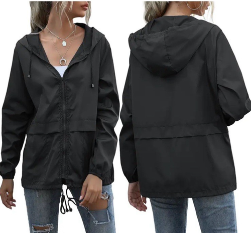 Womens Size XL Rain Coat Black Long Sleeve Hooded Windbreaker Waterproof Outwear