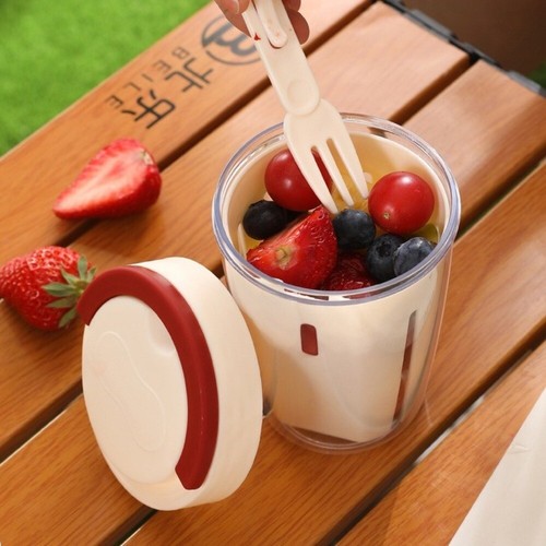 with Fork Plastic Fruit Cup Cylindrical Shape Portable Lunch Box Kitchen Use - Picture 5 of 16