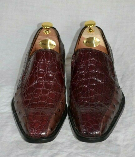 Genuine Aligator-Ostrich Shoes Slip-on Loafers 2-Tone Burgundy Brown #2368 Size7 - Picture 2 of 7