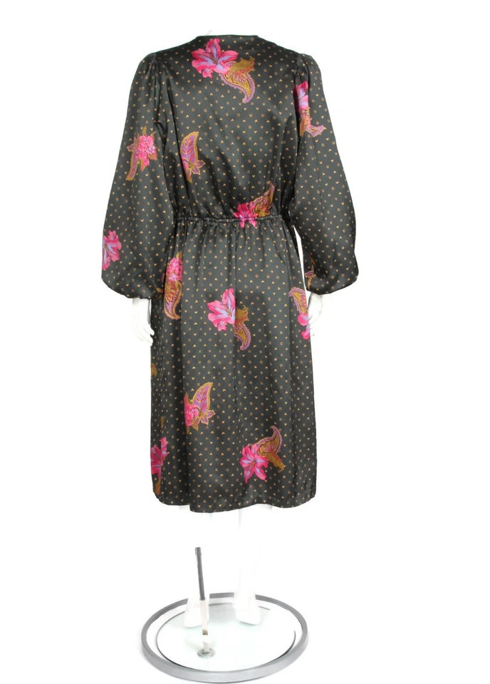 Vestido Vintage Años 70 Floral Polkadot Manga Abullonada Rosa Rústico Verde Talla S/M - 606 Foto 4 de 4