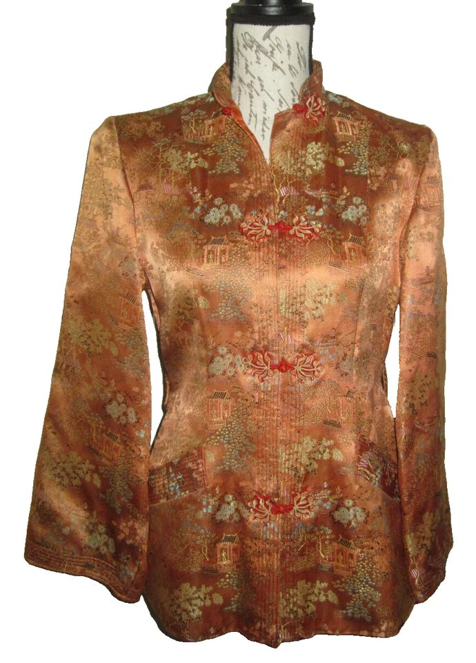 Chaqueta Cuello Mandarina Brocado Chino Naranja Seda, Damas Talla Pequeña