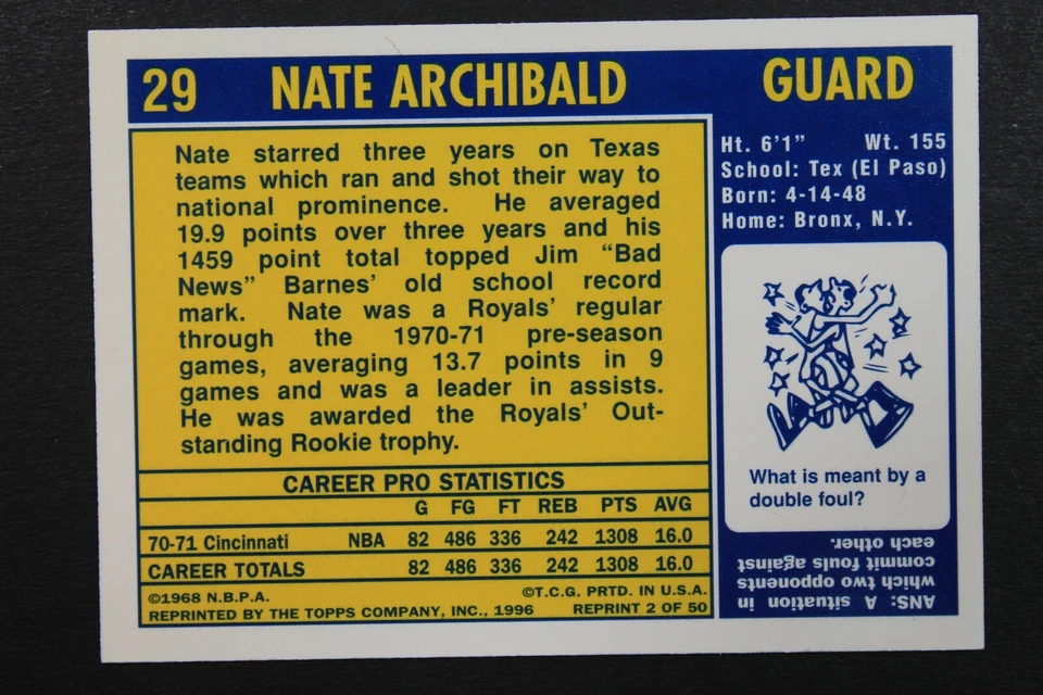 Nate Archibald Autographed 1996 Topps TOP 50 OF ALL TIME Signed ROOKIE Reprint  - Image 2 of 3