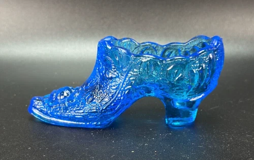 Vintage Fenton Cobalt Blue Glass Shoe Slipper Boot Cabbage Rose Floral Print