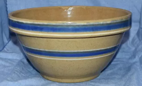 Vintage Large 10.25" Yellow Ware Speckled Tan Blue & White Striped  Mixing Bowl