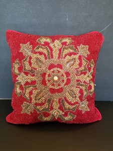 New Pier 1 Red Gold Beaded Snowflake Poinsettia Christmas Pillow